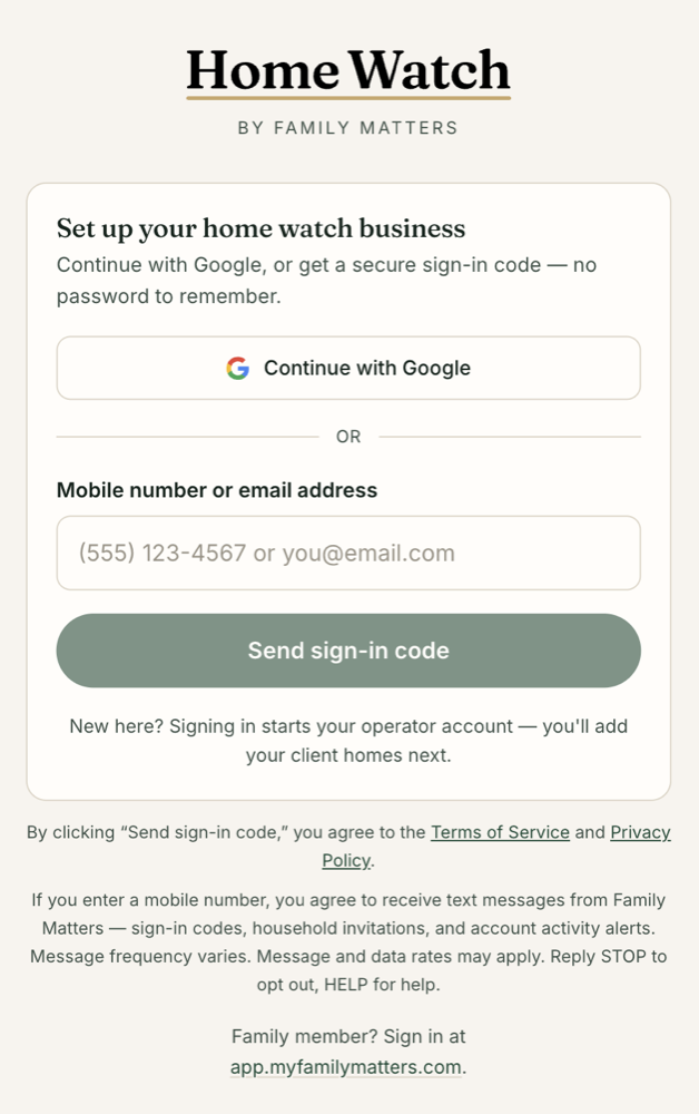 The Family Matters sign-in screen, showing the mobile number field, the Send sign-in code button, and the text messaging disclosure directly beneath them.